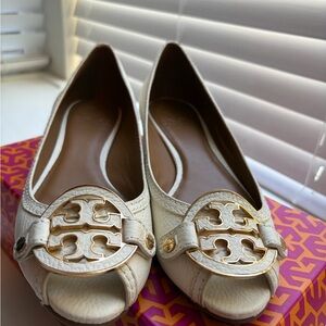 Tory Burch Ivory Peep-Toe Flats with Gold Emblem
